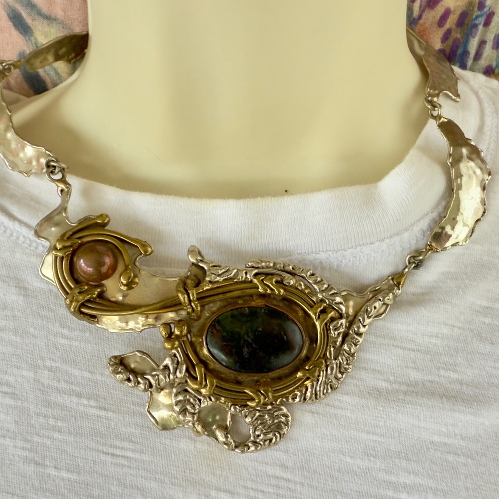 Vintage Modernist Statement Necklace Jasper Mixed Metal Mexico
